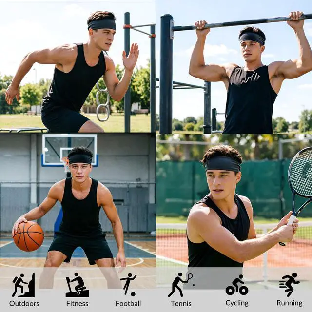 Alt view image 7 of 7 - Sports Headbands for Men 4 Pack, Moisture Wicking Sweatbands for Men, Non Slip Running Headband, Elastic Breathable Sweat Bands for Running, Tennis, Football, Baseball, Soccer, Gym, Cycling, Workout