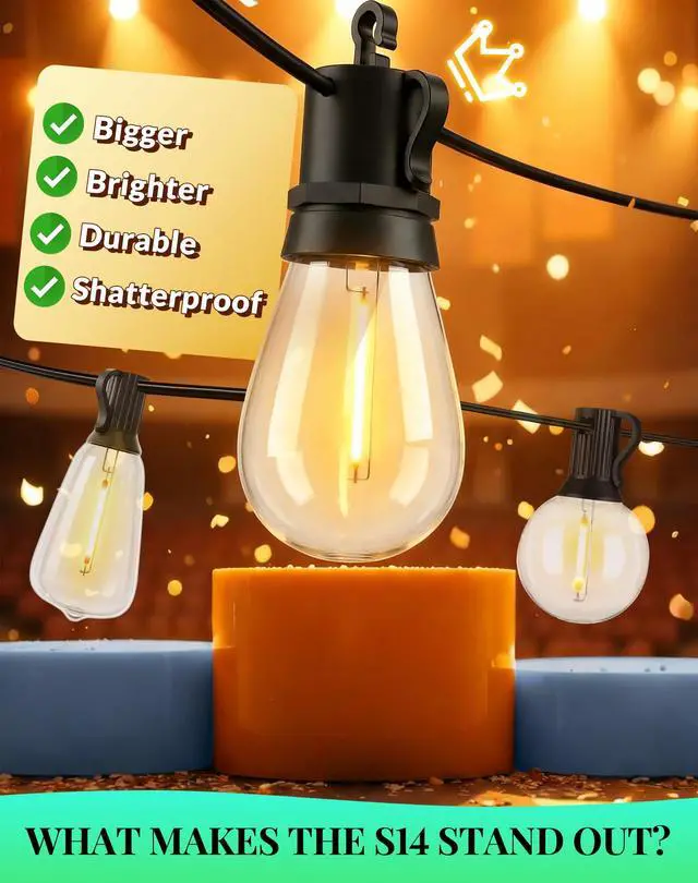 Alt view image 2 of 7 - Outdoor String Lights Patio Light - 100Ft Outside Waterproof Dimmable Bulbs