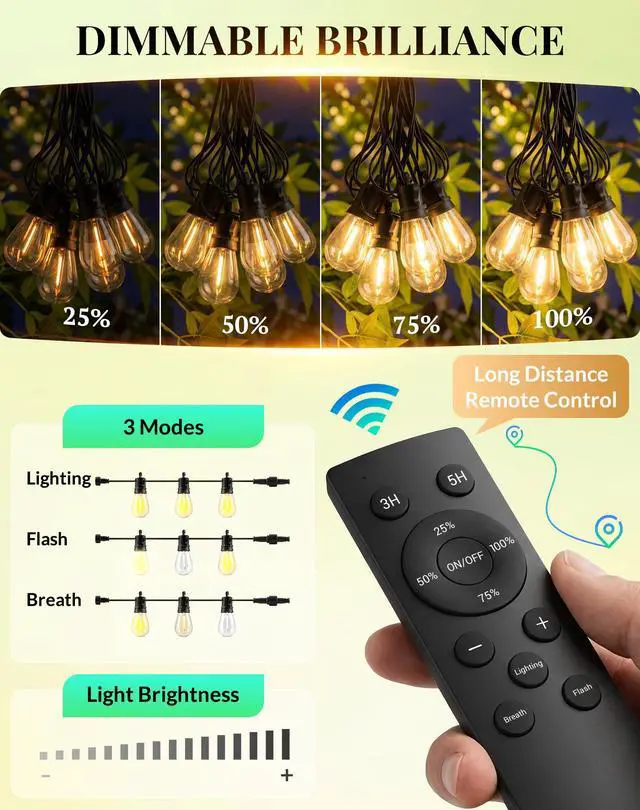 Alt view image 4 of 7 - Outdoor String Lights Patio Light - 100Ft Outside Waterproof Dimmable Bulbs