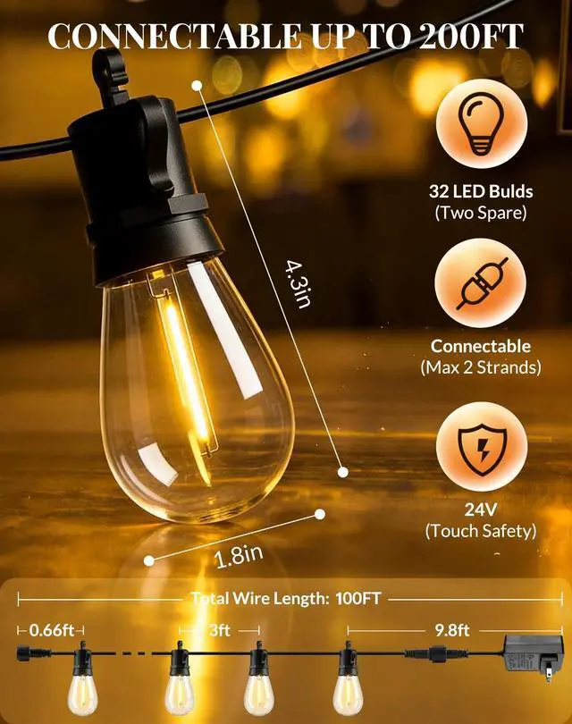 Alt view image 6 of 7 - Outdoor String Lights Patio Light - 100Ft Outside Waterproof Dimmable Bulbs