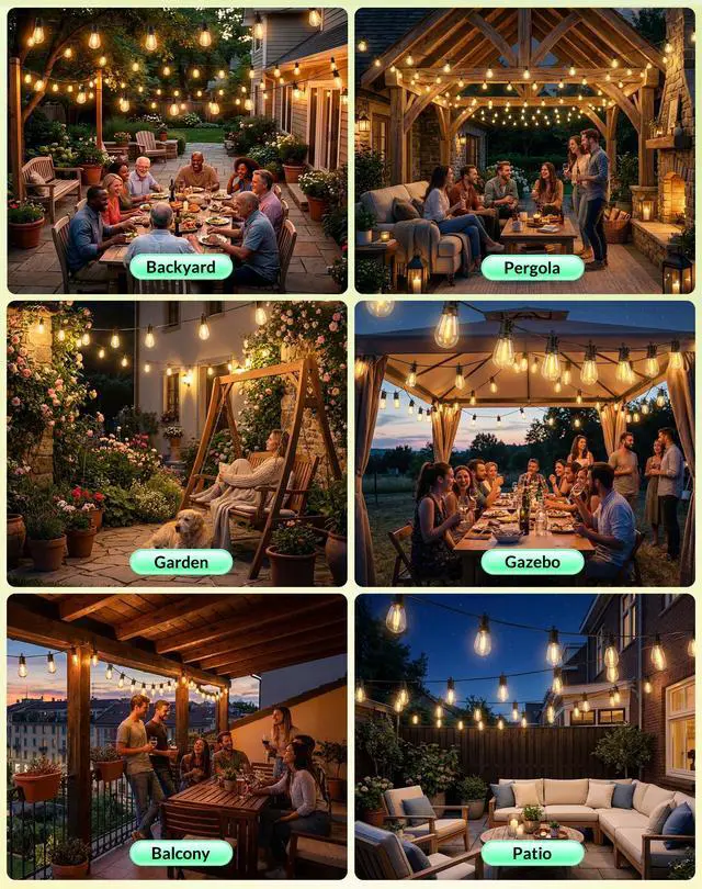 Alt view image 7 of 7 - Outdoor String Lights Patio Light - 100Ft Outside Waterproof Dimmable Bulbs