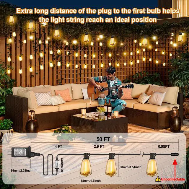 Alt view image 2 of 7 - 50ft-LED-Lights-Outdoor-Waterproof-String Lights-Patio-Outside-Porch-Backyard-Garden-Gazebo-Yard-Deck-Balcony-Party-Camping-House-Hanging-Lighting-Bulb-Remote-Bluetooth-Hanging-Edison-ST38