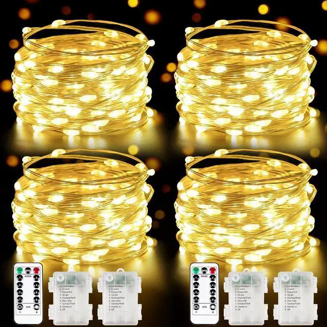 Main image of 4 Pack Fairy Lights Battery Operated with Remote 33FT 100 LED Warm White