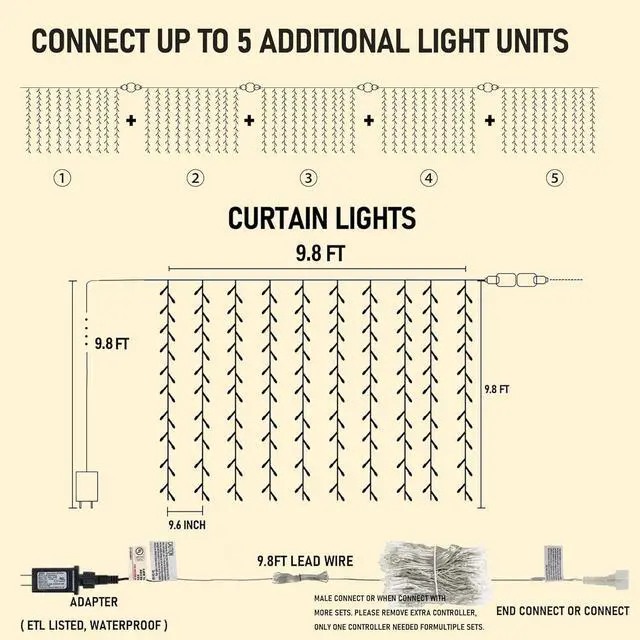 Alt view image 2 of 7 - 300 LED Curtain Lights, Plug in Fairy Curtain Lights for Bedroom, Christmas Hanging String Lights Outdoor for Window Backdrop Wall Wedding Patio Indoor Dorm Party Decor, Warm White