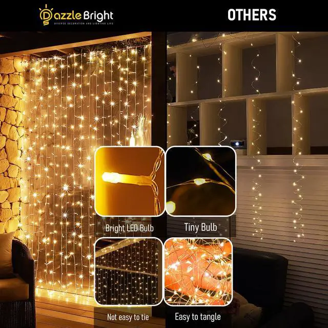 Alt view image 3 of 7 - 300 LED Curtain Lights, Plug in Fairy Curtain Lights for Bedroom, Christmas Hanging String Lights Outdoor for Window Backdrop Wall Wedding Patio Indoor Dorm Party Decor, Warm White