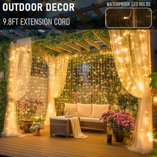 Alt view image 5 of 7 - 300 LED Curtain Lights, Plug in Fairy Curtain Lights for Bedroom, Christmas Hanging String Lights Outdoor for Window Backdrop Wall Wedding Patio Indoor Dorm Party Decor, Warm White