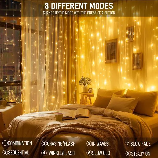 Alt view image 4 of 7 - 300 LED Curtain Lights, Plug in Fairy Curtain Lights for Bedroom, Christmas Hanging String Lights Outdoor for Window Backdrop Wall Wedding Patio Indoor Dorm Party Decor, Warm White