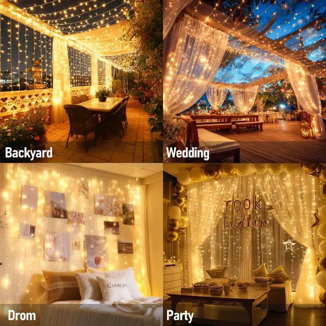 Alt view image 6 of 7 - 300 LED Curtain Lights, Plug in Fairy Curtain Lights for Bedroom, Christmas Hanging String Lights Outdoor for Window Backdrop Wall Wedding Patio Indoor Dorm Party Decor, Warm White
