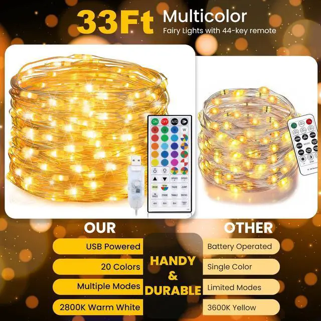 Alt view image 3 of 7 - Fairy Lights USB Plug in 33ft 100LEDs with Remote, Warm White 20 Color Changing Light Twinkle Firefly String Lights for Bedroom Party Wedding Christmas Tapestry, Multicolor Colors