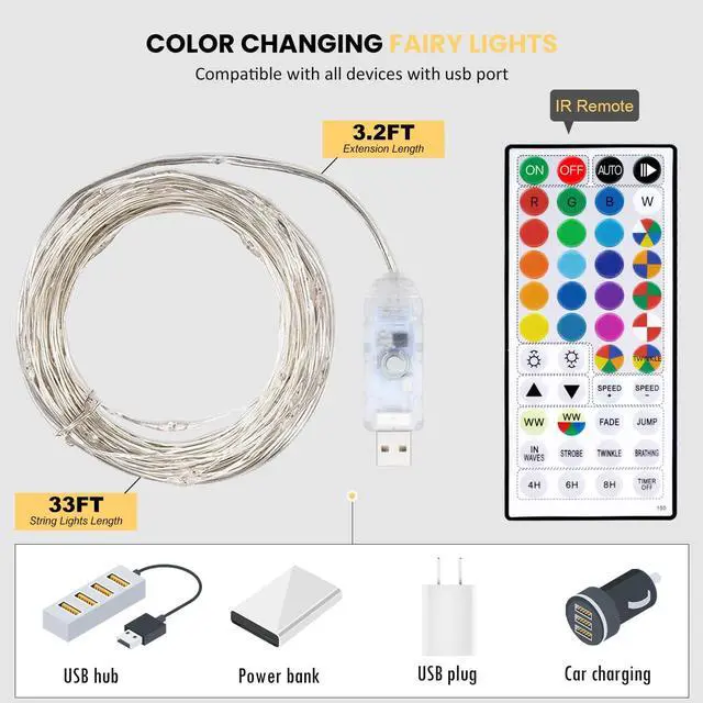Alt view image 6 of 7 - Fairy Lights USB Plug in 33ft 100LEDs with Remote, Warm White 20 Color Changing Light Twinkle Firefly String Lights for Bedroom Party Wedding Christmas Tapestry, Multicolor Colors