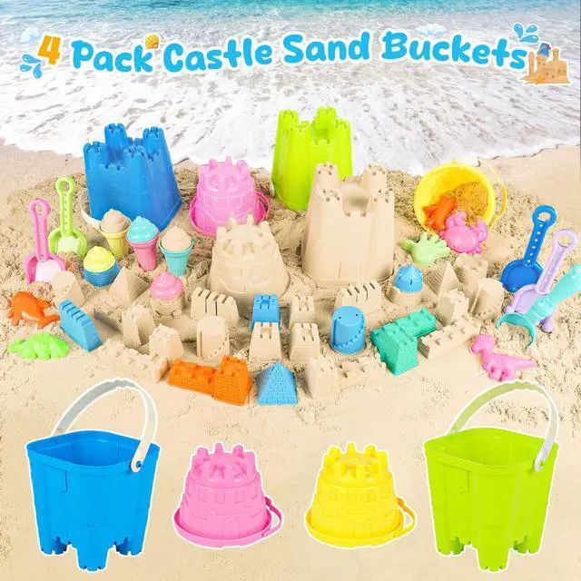 Alt view image 2 of 6 - Beach Toys for Kids Toddlers, Sand Castle Toys with 4 Sand Bucket and Shovels, Mesh Bag & Molds, Ice Cream Travel Sandbox for Beach Sandbox for Toddlers Kids Baby Boys Girls Age 3-10
