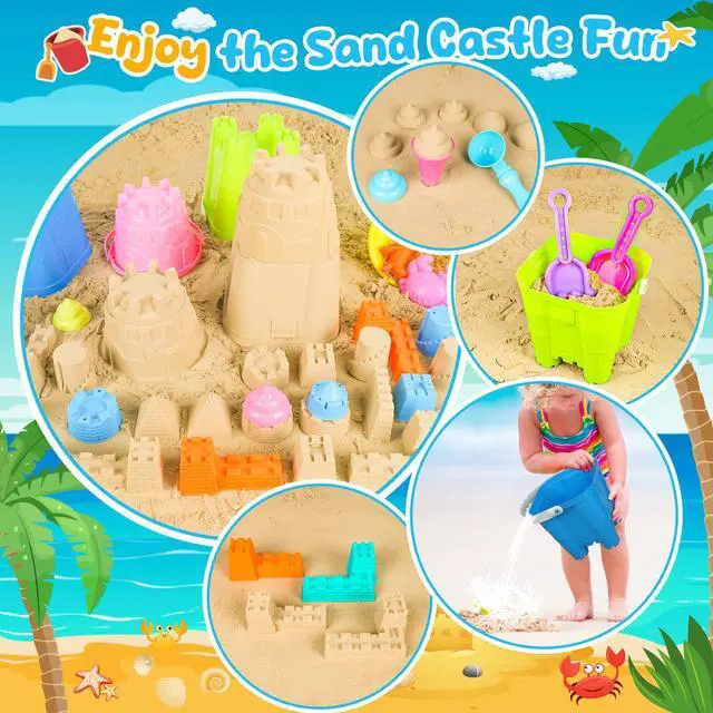 Alt view image 4 of 6 - Beach Toys for Kids Toddlers, Sand Castle Toys with 4 Sand Bucket and Shovels, Mesh Bag & Molds, Ice Cream Travel Sandbox for Beach Sandbox for Toddlers Kids Baby Boys Girls Age 3-10