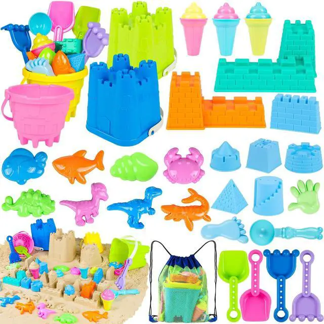 Main image of Beach Toys for Kids Toddlers, Sand Castle Toys with 4 Sand Bucket and Shovels, Mesh Bag & Molds, Ice Cream Travel Sandbox for Beach Sandbox for Toddlers Kids Baby Boys Girls Age 3-10