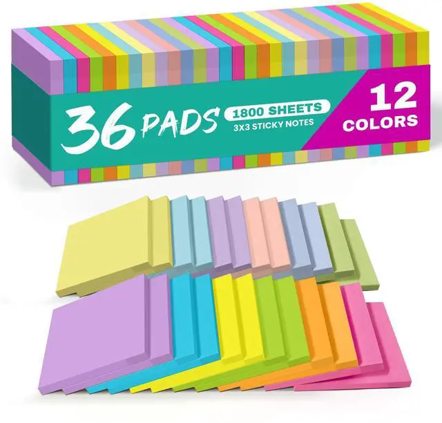 Main image of 36 Pads Sticky Notes, 3x3 Inches, 12 Bright Colors, 50 Sheets/Pad