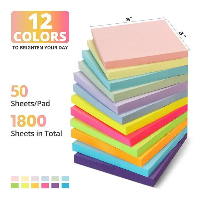 Alt view image 2 of 7 - 36 Pads Sticky Notes, 3x3 Inches, 12 Bright Colors, 50 Sheets/Pad