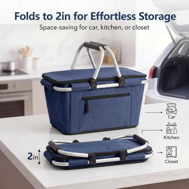 Alt view image 2 of 6 - Picnic Basket, Collapsible Shopping Basket with Lid 27L Large Market Basket with Handles Reusable Folding Grocery Basket Insulated Cooler Bag for Picnic Travel, Blue