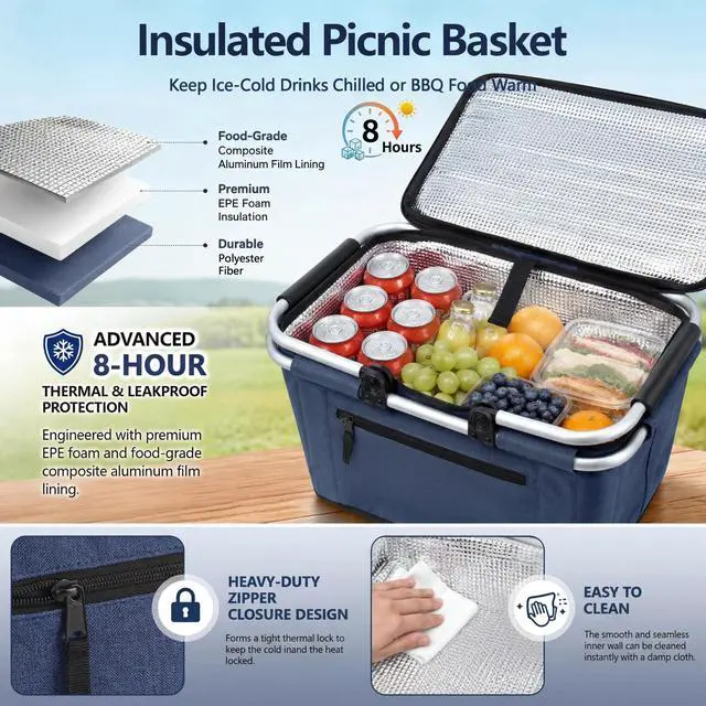 Alt view image 4 of 6 - Picnic Basket, Collapsible Shopping Basket with Lid 27L Large Market Basket with Handles Reusable Folding Grocery Basket Insulated Cooler Bag for Picnic Travel, Blue