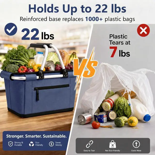 Alt view image 5 of 6 - Picnic Basket, Collapsible Shopping Basket with Lid 27L Large Market Basket with Handles Reusable Folding Grocery Basket Insulated Cooler Bag for Picnic Travel, Blue