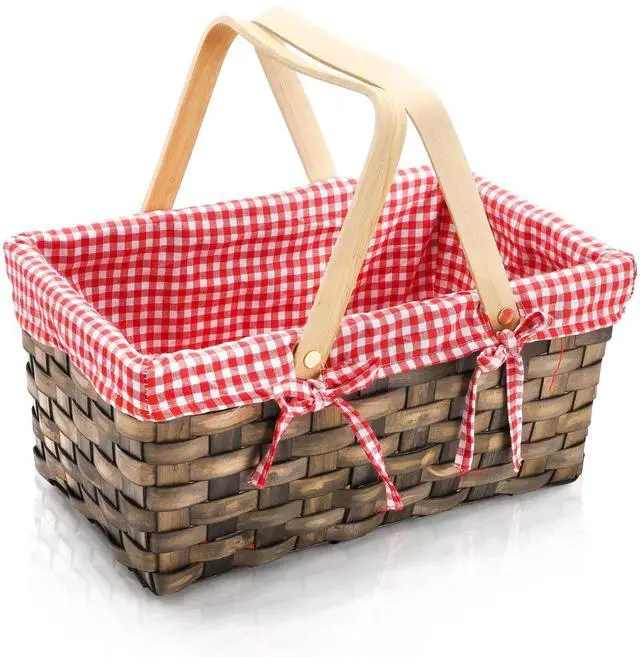 Main image of Small Picnic Basket, Woven Basket with Double Folding Handles, Wicker Basket & Organizer Blanket Storage with Red and White Liner for Egg Gathering, Wedding, Candy (13.5 x 8.25 x 6.5 Inches)