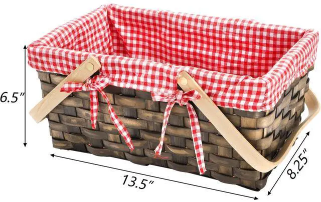 Alt view image 2 of 7 - Small Picnic Basket, Woven Basket with Double Folding Handles, Wicker Basket & Organizer Blanket Storage with Red and White Liner for Egg Gathering, Wedding, Candy (13.5 x 8.25 x 6.5 Inches)
