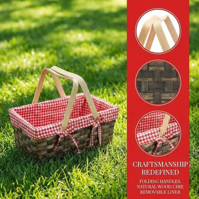 Alt view image 3 of 7 - Small Picnic Basket, Woven Basket with Double Folding Handles, Wicker Basket & Organizer Blanket Storage with Red and White Liner for Egg Gathering, Wedding, Candy (13.5 x 8.25 x 6.5 Inches)