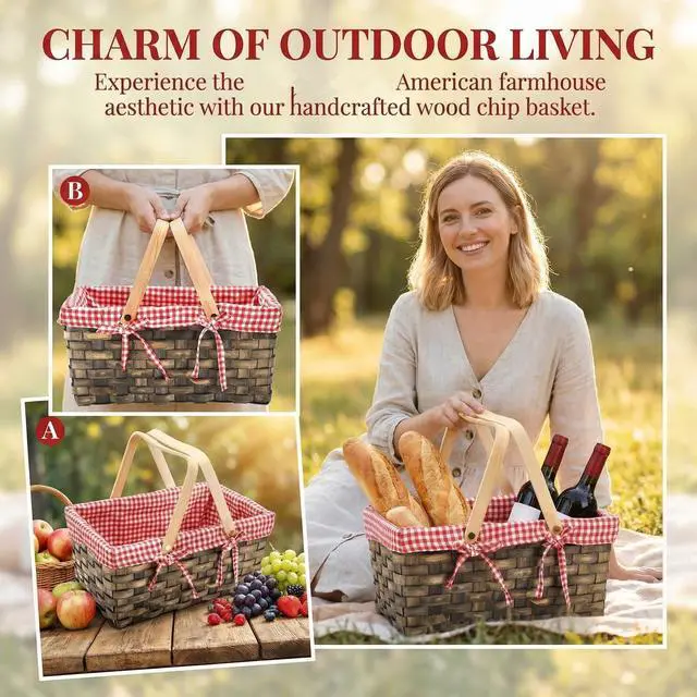 Alt view image 4 of 7 - Small Picnic Basket, Woven Basket with Double Folding Handles, Wicker Basket & Organizer Blanket Storage with Red and White Liner for Egg Gathering, Wedding, Candy (13.5 x 8.25 x 6.5 Inches)