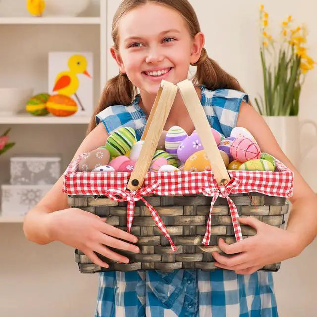 Alt view image 6 of 7 - Small Picnic Basket, Woven Basket with Double Folding Handles, Wicker Basket & Organizer Blanket Storage with Red and White Liner for Egg Gathering, Wedding, Candy (13.5 x 8.25 x 6.5 Inches)