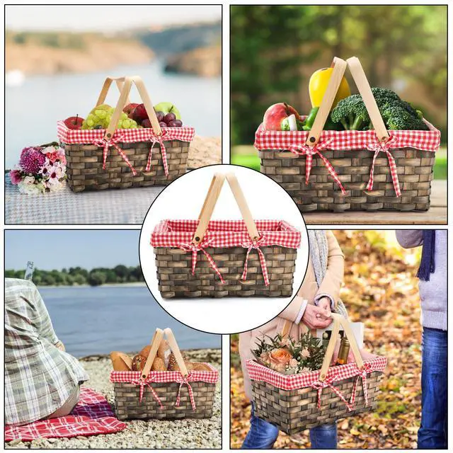 Alt view image 7 of 7 - Small Picnic Basket, Woven Basket with Double Folding Handles, Wicker Basket & Organizer Blanket Storage with Red and White Liner for Egg Gathering, Wedding, Candy (13.5 x 8.25 x 6.5 Inches)