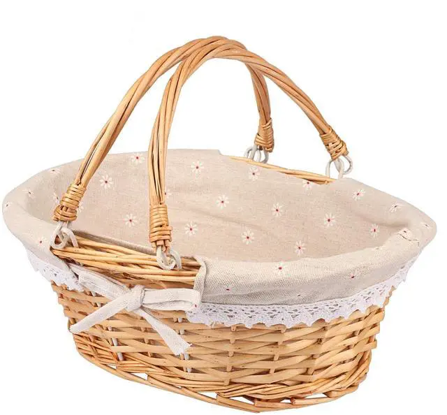 Main image of Wicker Basket with Handle, 14.2 x 11 x 6.7 Inch Wicker Picnic Baskets with Liner, Oval Willow Woven Basket for Fruit, Wine, Gathering, Wedding, Picnic