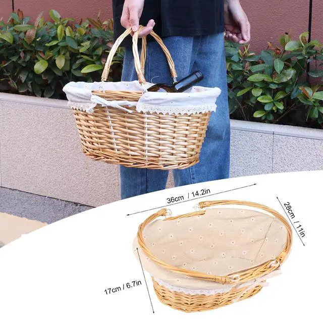 Alt view image 2 of 7 - Wicker Basket with Handle, 14.2 x 11 x 6.7 Inch Wicker Picnic Baskets with Liner, Oval Willow Woven Basket for Fruit, Wine, Gathering, Wedding, Picnic