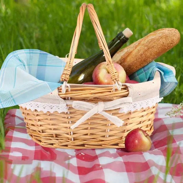 Alt view image 6 of 7 - Wicker Basket with Handle, 14.2 x 11 x 6.7 Inch Wicker Picnic Baskets with Liner, Oval Willow Woven Basket for Fruit, Wine, Gathering, Wedding, Picnic