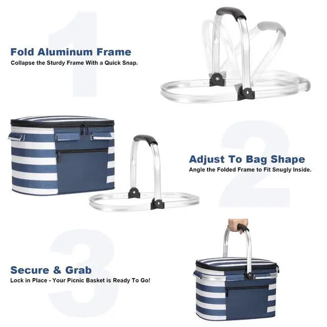 Alt view image 3 of 6 - Picnic Basket, 22L Insulated Cooler Foldable, Thick, Blue White