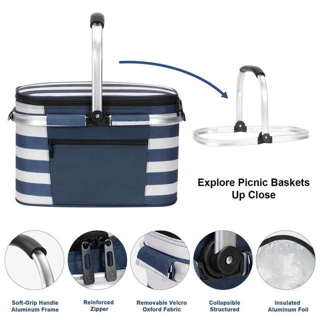 Alt view image 5 of 6 - Picnic Basket, 22L Insulated Cooler Foldable, Thick, Blue White