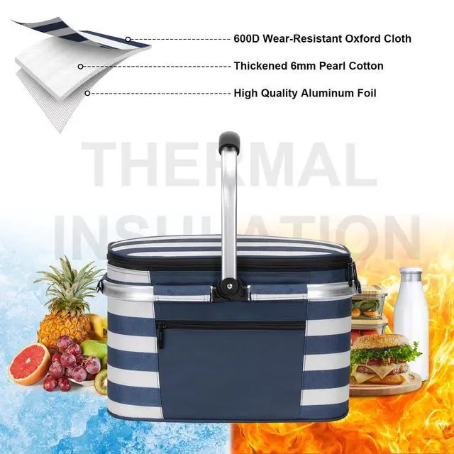Alt view image 6 of 6 - Picnic Basket, 22L Insulated Cooler Foldable, Thick, Blue White
