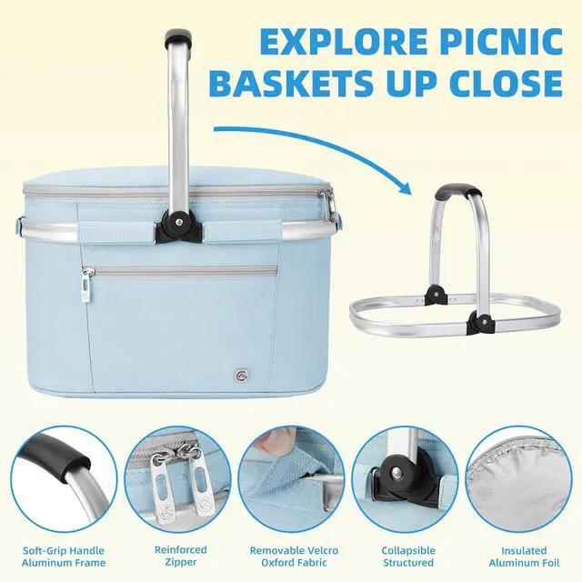 Alt view image 5 of 6 - Picnic Basket, 22L Insulated Cooler Foldable, Thick, Light Blue
