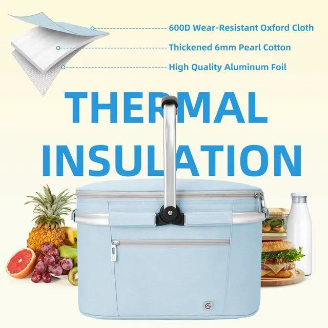 Alt view image 6 of 6 - Picnic Basket, 22L Insulated Cooler Foldable, Thick, Light Blue