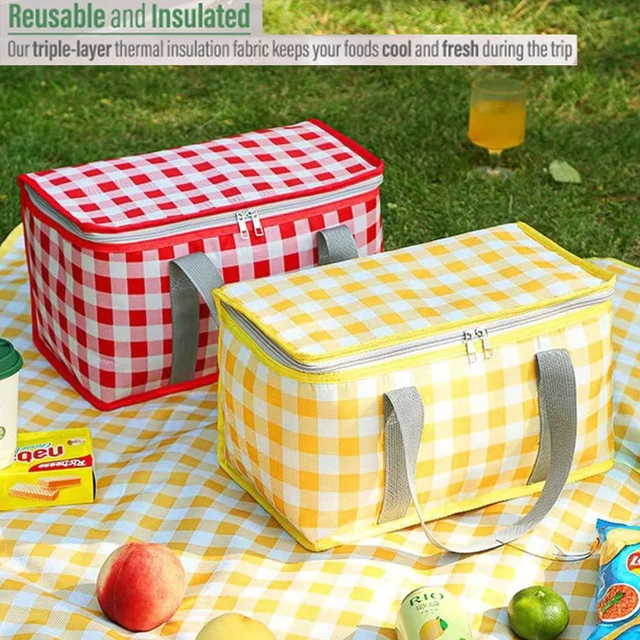 Alt view image 6 of 7 - Insulated Bag Picnic Basket Bags Beach Bag Foldable Cooler Bag Reusable with Zippered top-for Warm or Cold Picnic Accessories, Outdoor(13.8x7.9x7.9 in) (RED)