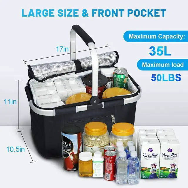 Alt view image 2 of 6 - 35L Large Picnic Basket 2 Layers of Internal Pockets Leak-Proof and Insulated Folding with Internal Support for enhansed Stability, Wedding Gifts for Couple(Black)