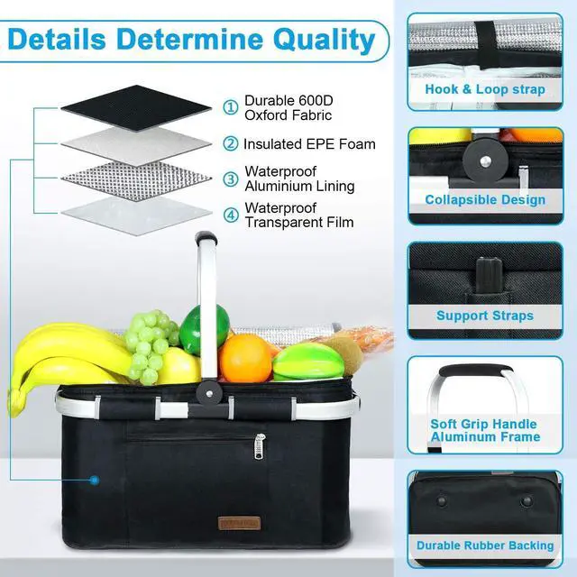 Alt view image 3 of 6 - 35L Large Picnic Basket 2 Layers of Internal Pockets Leak-Proof and Insulated Folding with Internal Support for enhansed Stability, Wedding Gifts for Couple(Black)