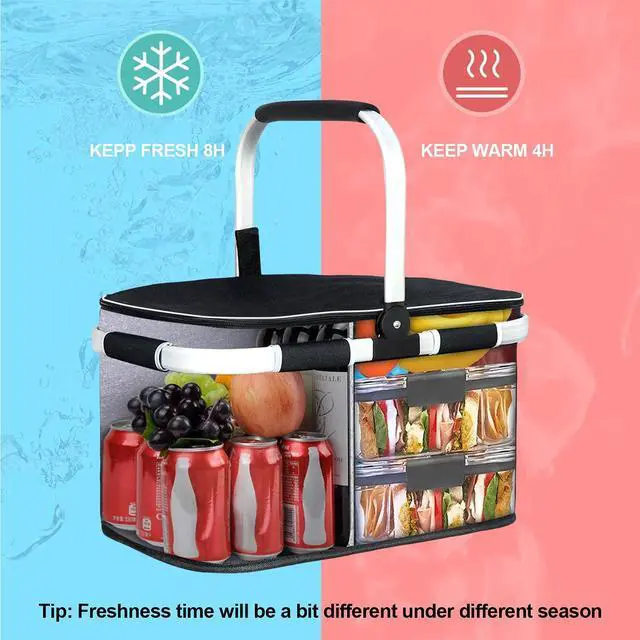 Alt view image 5 of 6 - 35L Large Picnic Basket 2 Layers of Internal Pockets Leak-Proof and Insulated Folding with Internal Support for enhansed Stability, Wedding Gifts for Couple(Black)