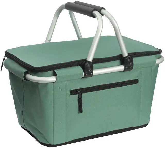 Main image of Picnic Basket, Collapsible Shopping Basket with Handles 27L Large Market Basket with Lid Reusable Folding Grocery Basket Insulated Cooler Bag, Green