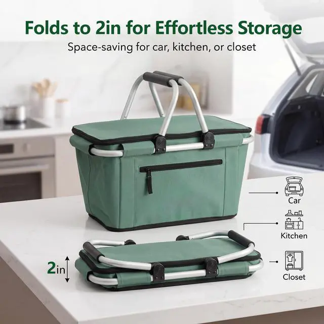Alt view image 2 of 6 - Picnic Basket, Collapsible Shopping Basket with Handles 27L Large Market Basket with Lid Reusable Folding Grocery Basket Insulated Cooler Bag, Green
