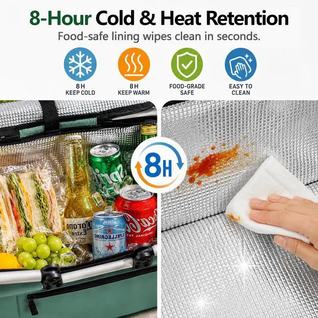 Alt view image 3 of 6 - Picnic Basket, Collapsible Shopping Basket with Handles 27L Large Market Basket with Lid Reusable Folding Grocery Basket Insulated Cooler Bag, Green