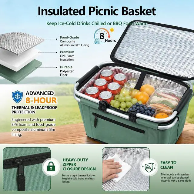 Alt view image 4 of 6 - Picnic Basket, Collapsible Shopping Basket with Handles 27L Large Market Basket with Lid Reusable Folding Grocery Basket Insulated Cooler Bag, Green