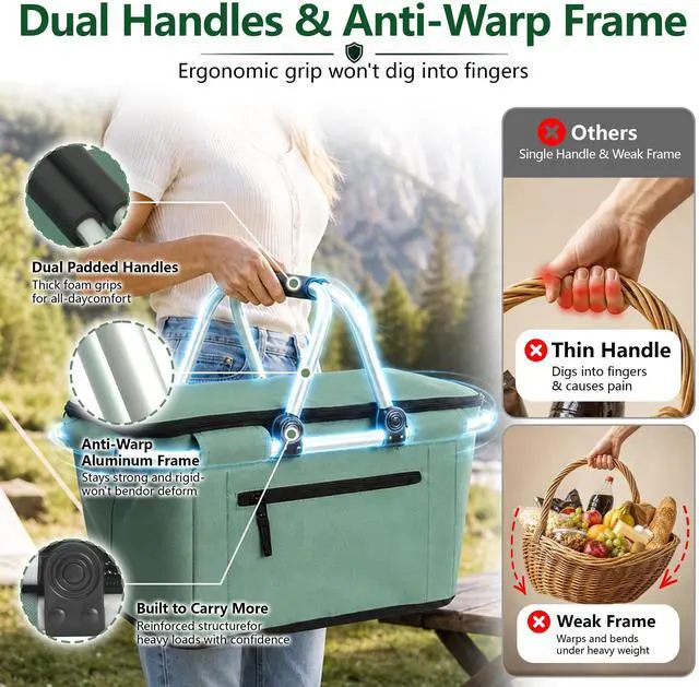 Alt view image 6 of 6 - Picnic Basket, Collapsible Shopping Basket with Handles 27L Large Market Basket with Lid Reusable Folding Grocery Basket Insulated Cooler Bag, Green
