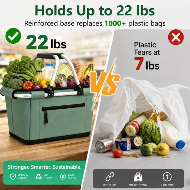 Alt view image 5 of 6 - Picnic Basket, Collapsible Shopping Basket with Handles 27L Large Market Basket with Lid Reusable Folding Grocery Basket Insulated Cooler Bag, Green