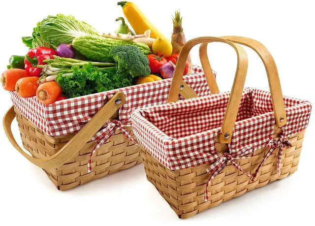 Main image of 2 Sizes Picnic Basket, 16 in Woodchip Basket with Double Folding Handles,Woven Basket with Removable Red and White Liner for Storage, Egg Gathering, Wedding, Camping, Outdoor