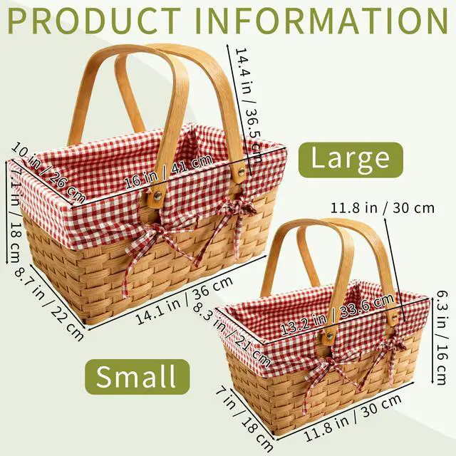 Alt view image 2 of 7 - 2 Sizes Picnic Basket, 16 in Woodchip Basket with Double Folding Handles,Woven Basket with Removable Red and White Liner for Storage, Egg Gathering, Wedding, Camping, Outdoor