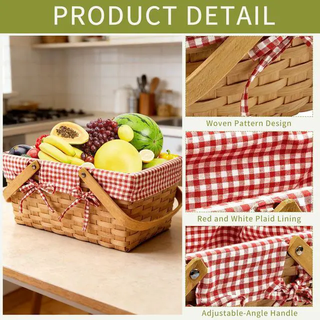 Alt view image 3 of 7 - 2 Sizes Picnic Basket, 16 in Woodchip Basket with Double Folding Handles,Woven Basket with Removable Red and White Liner for Storage, Egg Gathering, Wedding, Camping, Outdoor
