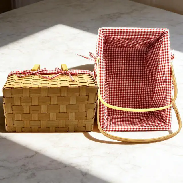 Alt view image 4 of 7 - 2 Sizes Picnic Basket, 16 in Woodchip Basket with Double Folding Handles,Woven Basket with Removable Red and White Liner for Storage, Egg Gathering, Wedding, Camping, Outdoor